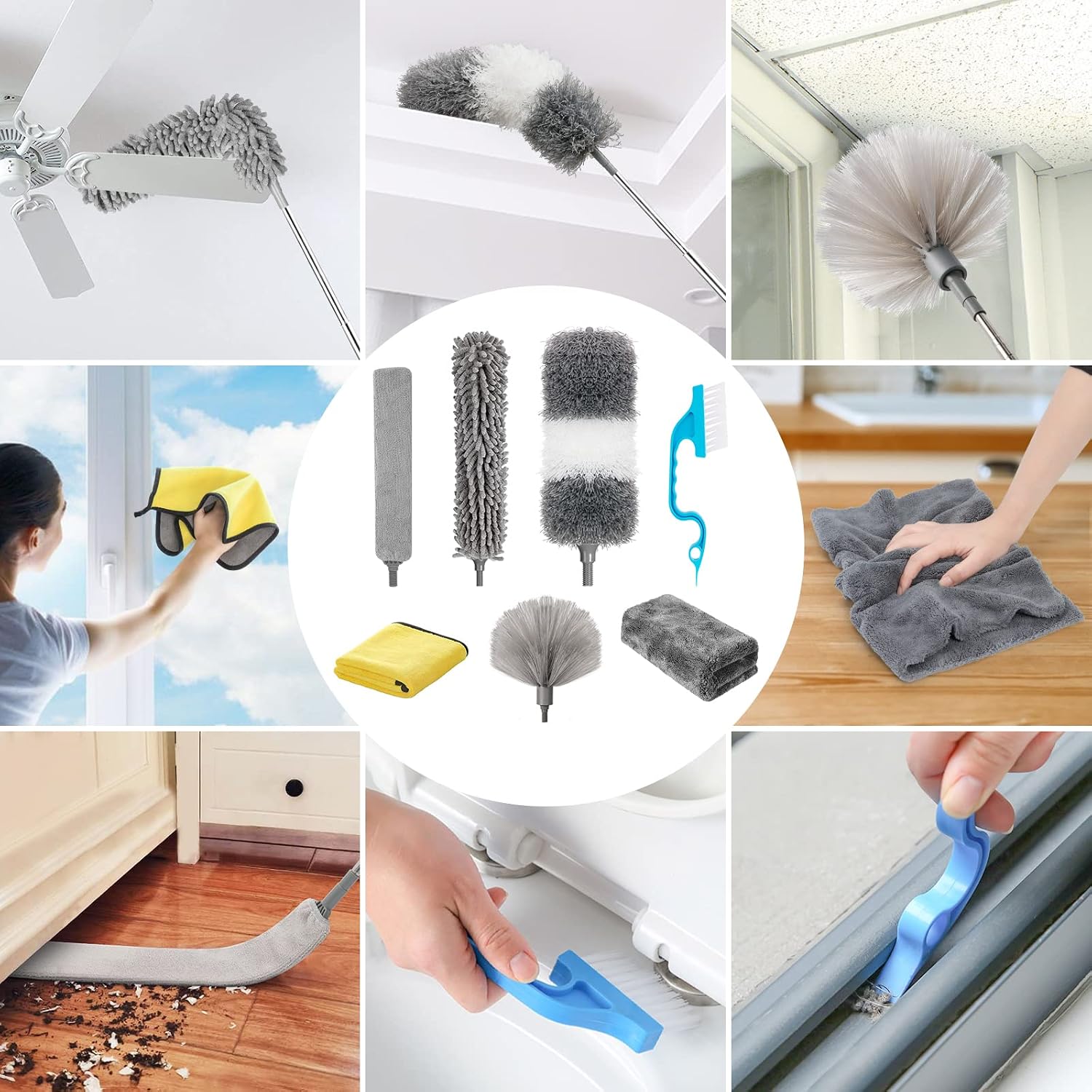 Microfiber Duster Kit 23pcs with 30 to 100 Inches Extension Pole and Extendable Window Squeegee, Washable and