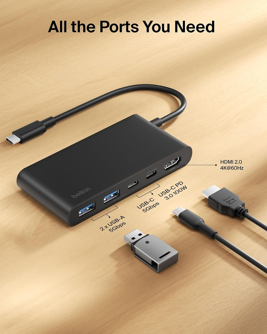 USB C Hub, 5-Port Hub with 4K HDMI Display @ 60Hz, 100W Power Delivery, Fast Data Transfer 5Gbps, USB C Multiport