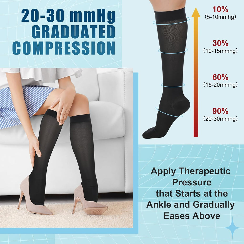3 Pairs Sheer Compression Socks 20-30 Mmhg Knee High Compression Stockings Support Hose for Women