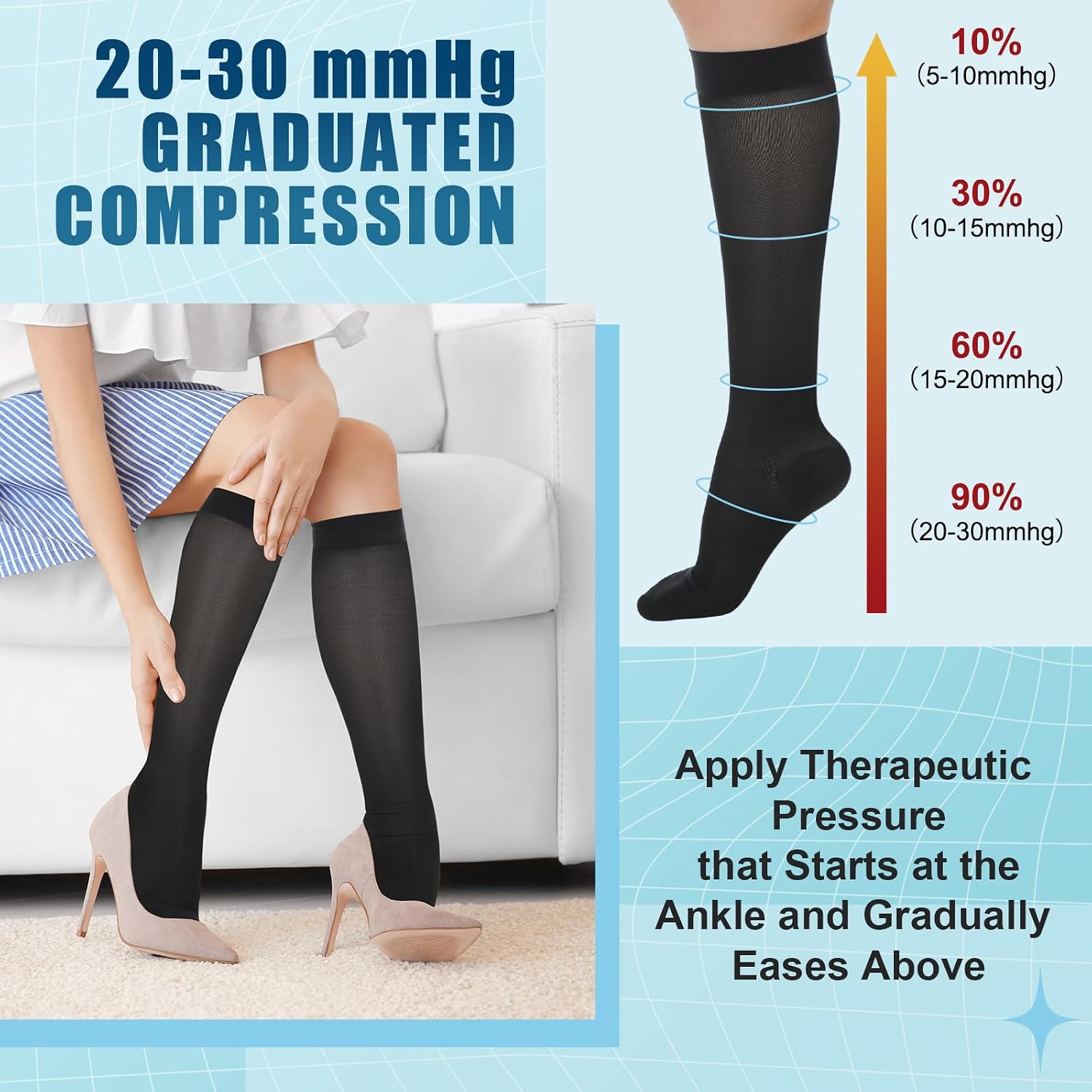 3 Pairs Sheer Compression Socks 20-30 Mmhg Knee High Compression Stockings Support Hose for Women