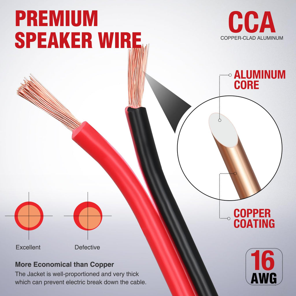 Nilight 50FT 16AWG Copper Clad Aluminum Wire 16/2 Gauge Red Black