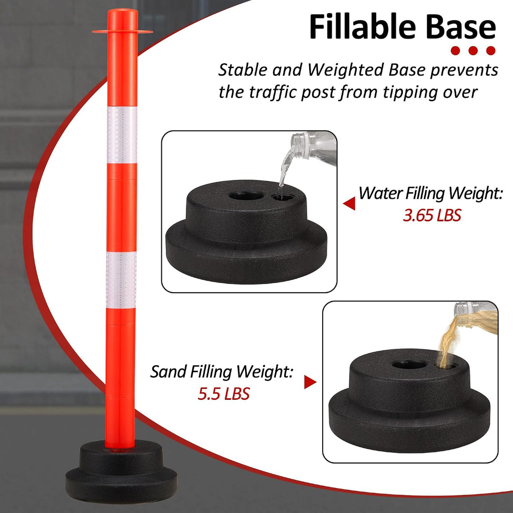 [4 Pack] 34 inch Traffic Delineator Post with Weighted Base, Orange Safety Cones with 5 FT Plastic Chain, Safety