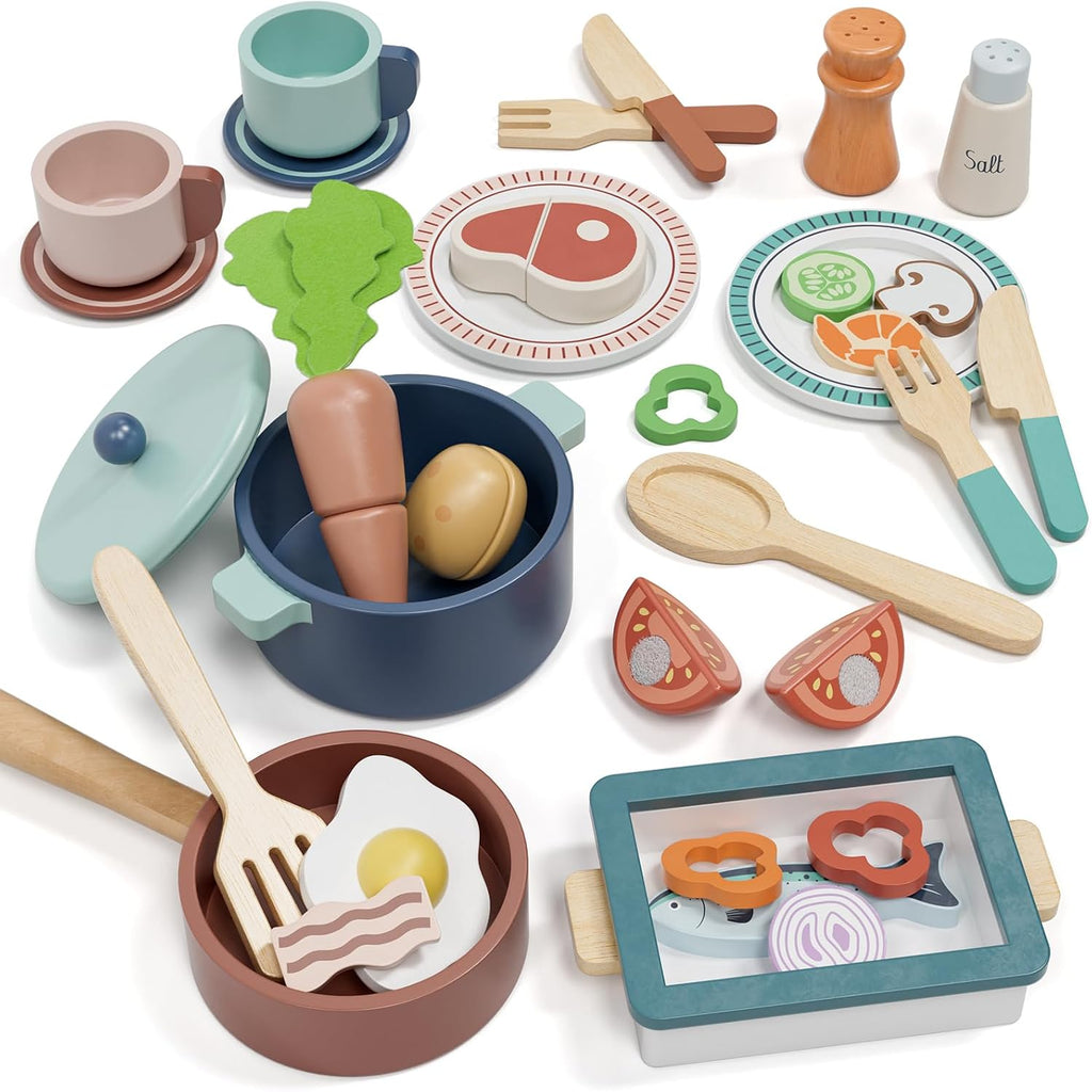 Wooden Play Kitchen Accessories, Play Food for Toddlers 1-3, Toys Pots and Pans for Kids Cooking Set, Pretend Play