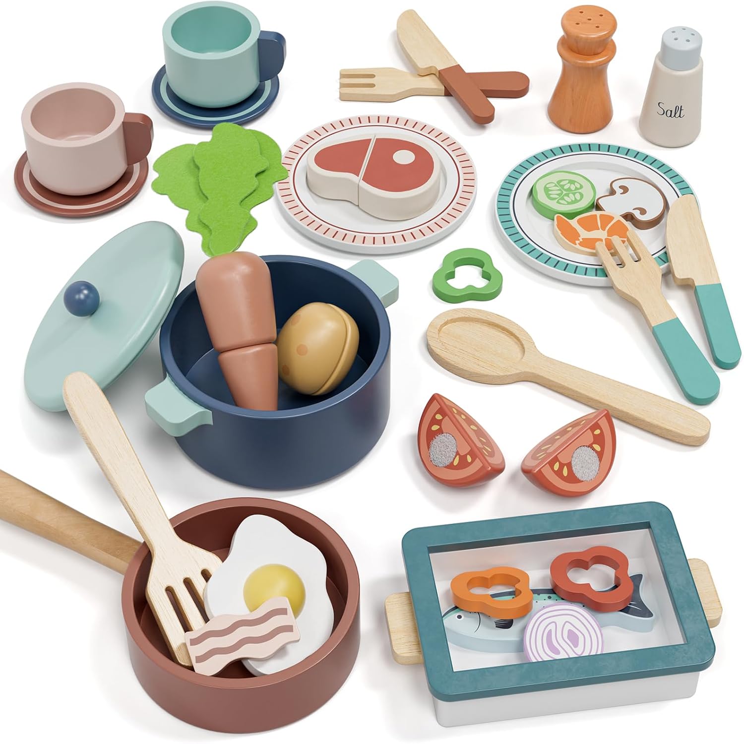 Wooden Play Kitchen Accessories, Play Food for Toddlers 1-3, Toys Pots and Pans for Kids Cooking Set, Pretend Play