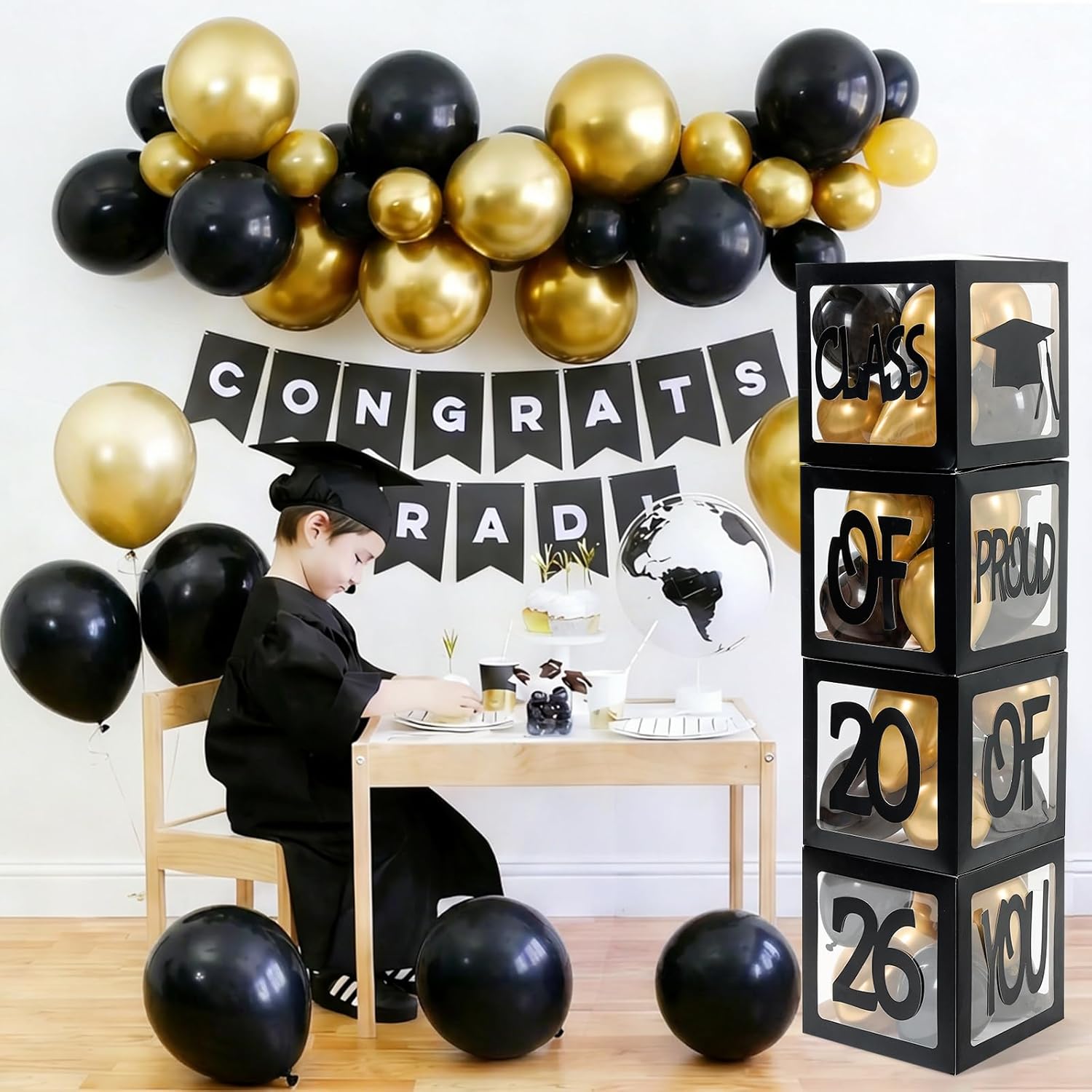 Graduation Decorations 2026,4 Pcs Transparent Balloon Boxes with Letters of GRAD,PROUD OF YOU,Class of 2026 and