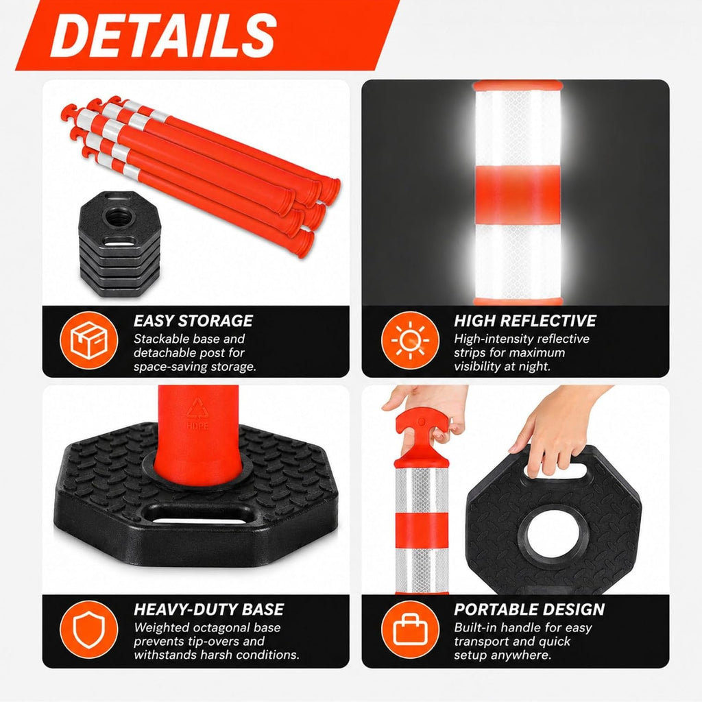 42" Traffic Delineator Posts,3 Pack Orange Safety Cones with Reflective Collars and Weighted Base for Road Safety