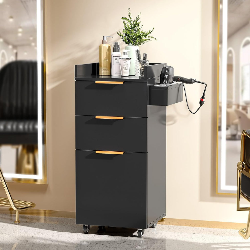 Salon Cart with Wheels, 3-Tier Rolling Hair Styling Station, 2 Drawers & Adjustable Shelf, Hair Dryer Holder, Mobile