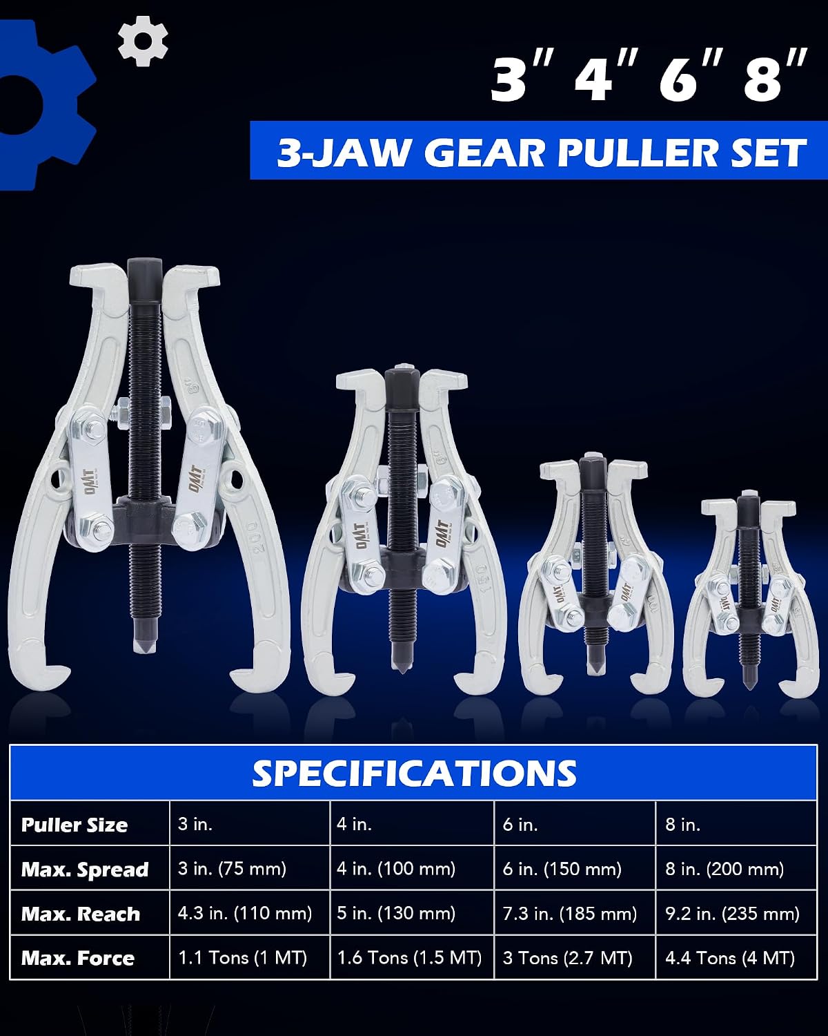OMT 3" 4" 6" 8" Gear Puller Set, 3 Jaw Puller with Reversible Jaws