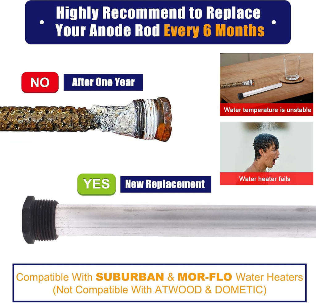 RV Water Heater Anode Rod & Flush Wand & Element Socket - 9.25"L x 3/4"NPT Thread Magnesium Rod for Suburban, Mor-Flo, Camper Hot Water Tank Cleaning Rinser with Dual Hex Wrench Removal Tool