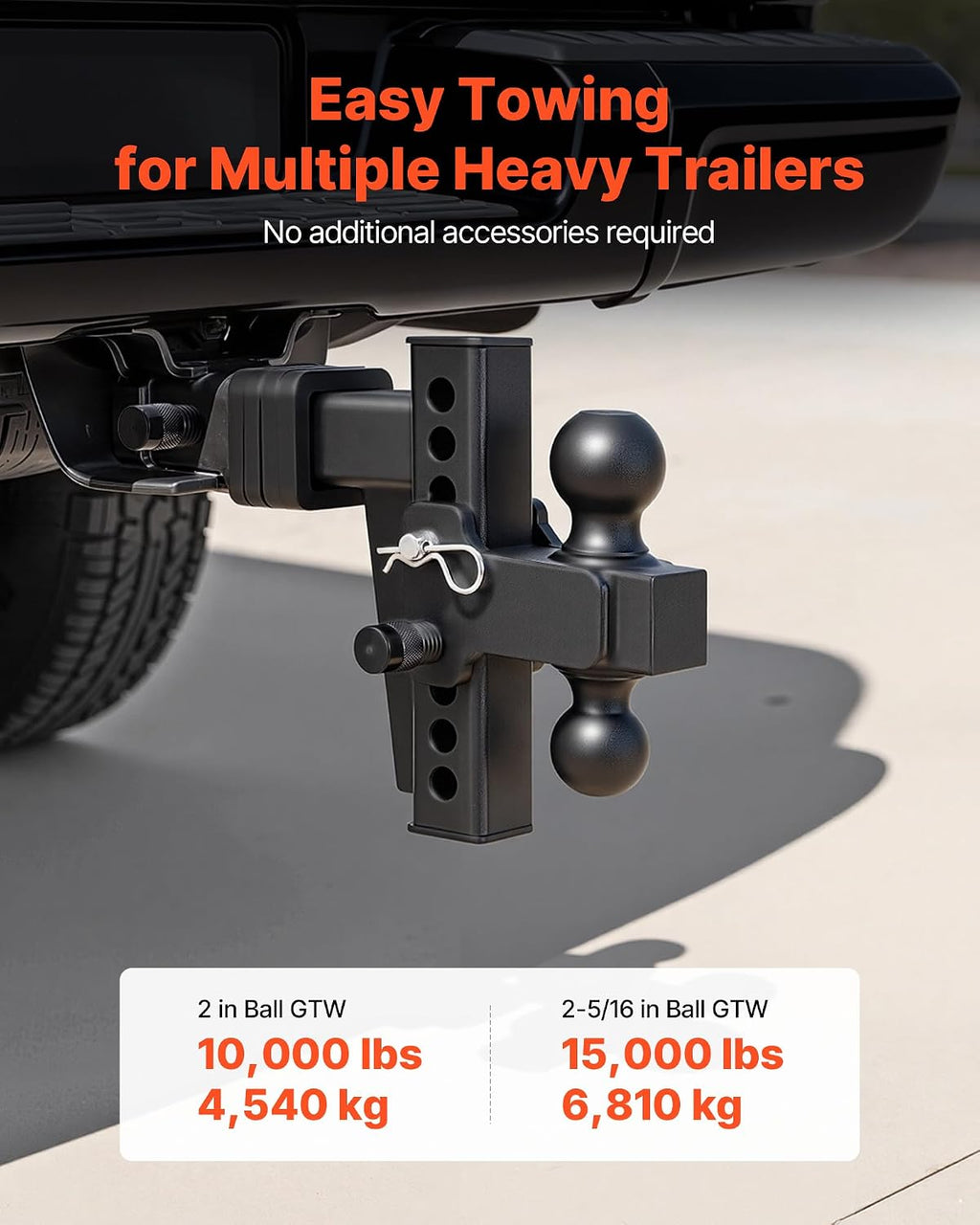 Adjustable Trailer Hitch, Fit 2 Inch Receiver, Trailer Hitch Mount with 2 Inch & 2-5/16 Inch Balls, 15000 lbs GTW, 6