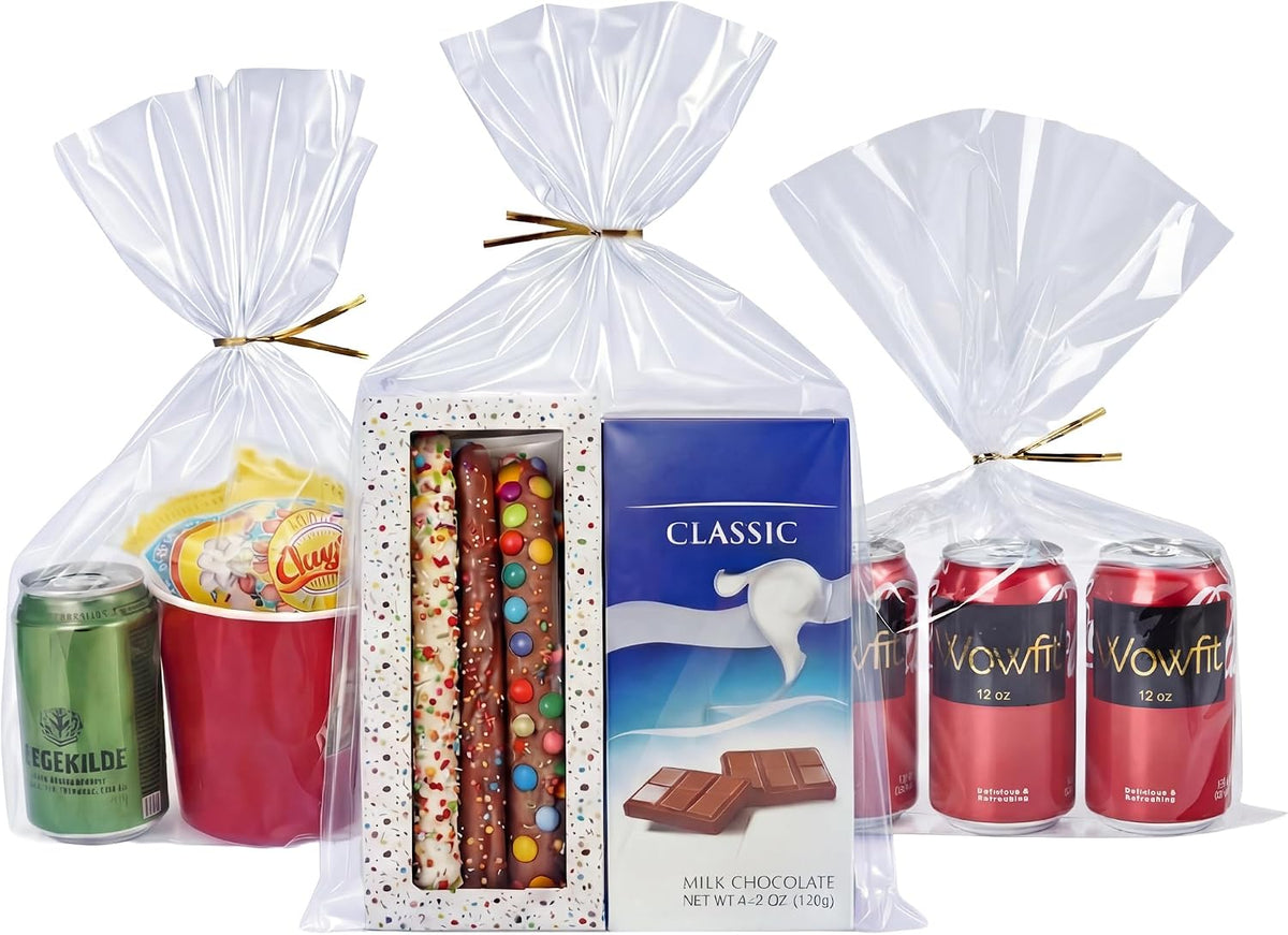10x16 Large Clear Cellophane Gift Bags, 50 CT, 6" Gold Twist Ties