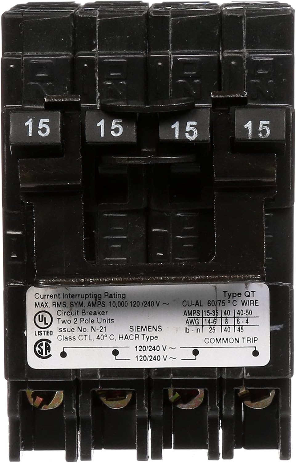 Siemens Q21515CT2 Two 15-Amp Double Pole Circuit Breaker