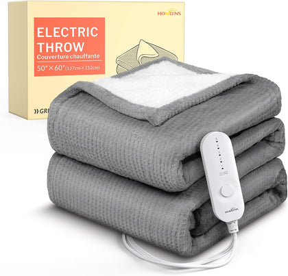 Heated Throw Blanket, 5 Heat Settings, 3 Hours Timer, Grey | 50" x 60", fast heating, ETL certified, NTC & PTC