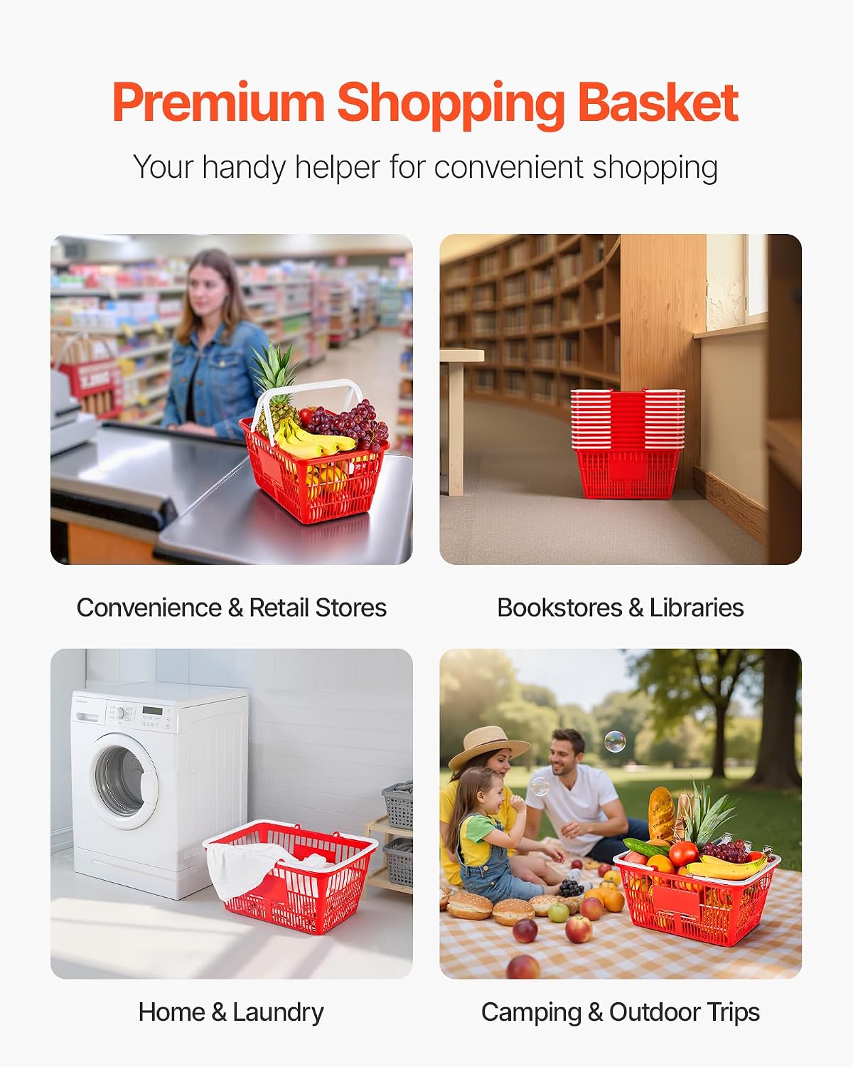 Shopping Baskets, 12 PCS, 21L Stackable PE Plastic Grocery Baskets with Handles, Dense Mesh Structure, Holds up to 20