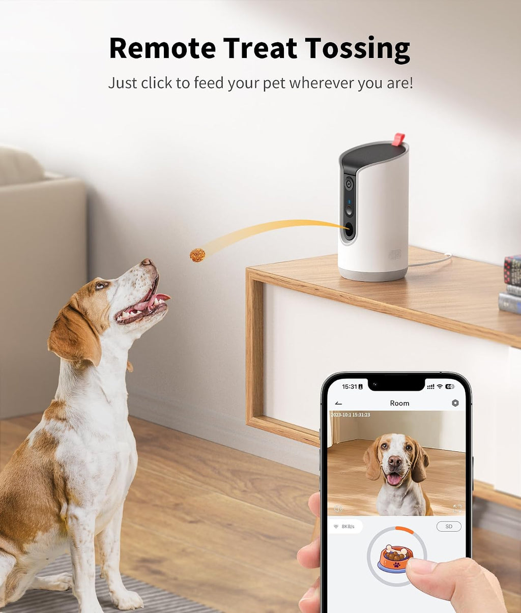 2K Pet Camera Treat Dispenser, 360°View Dog Camera with Phone App, 5G&2.4G WiFi 2-Way Talk Pet Cam Indoor for Cats