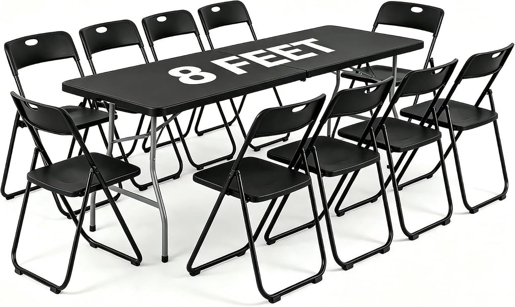 Black 8 FT Foldable Table with 10 Folding Chairs, 9-Piece Plastic Folding Table Chairs Outdoor Patio Furniture Sets