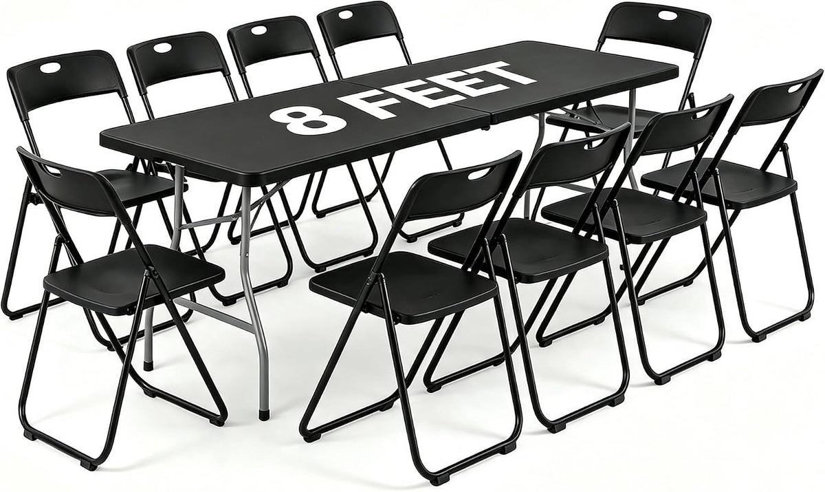Black 8 FT Foldable Table with 10 Folding Chairs, 9-Piece Plastic Folding Table Chairs Outdoor Patio Furniture Sets