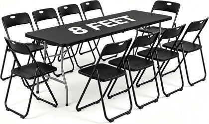 Black 8 FT Foldable Table with 10 Folding Chairs, 9-Piece Plastic Folding Table Chairs Outdoor Patio Furniture Sets