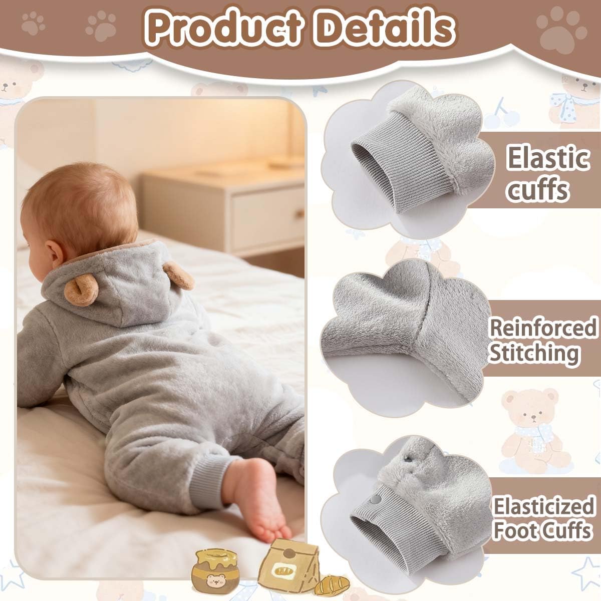 Newborn Baby Bear Outfit Suit Thin Fleece Jumpsuit Romper Hooded Winter Clothes Snowsuit Coat Infant Girls Boys