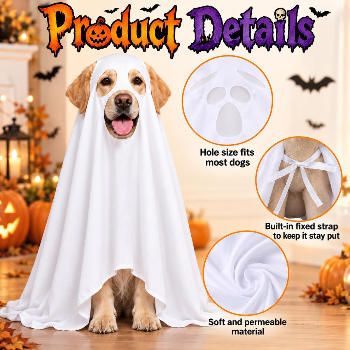 Halloween Ghost Dog Costume Glow Eyes Breathable Outfit for Large Dogs