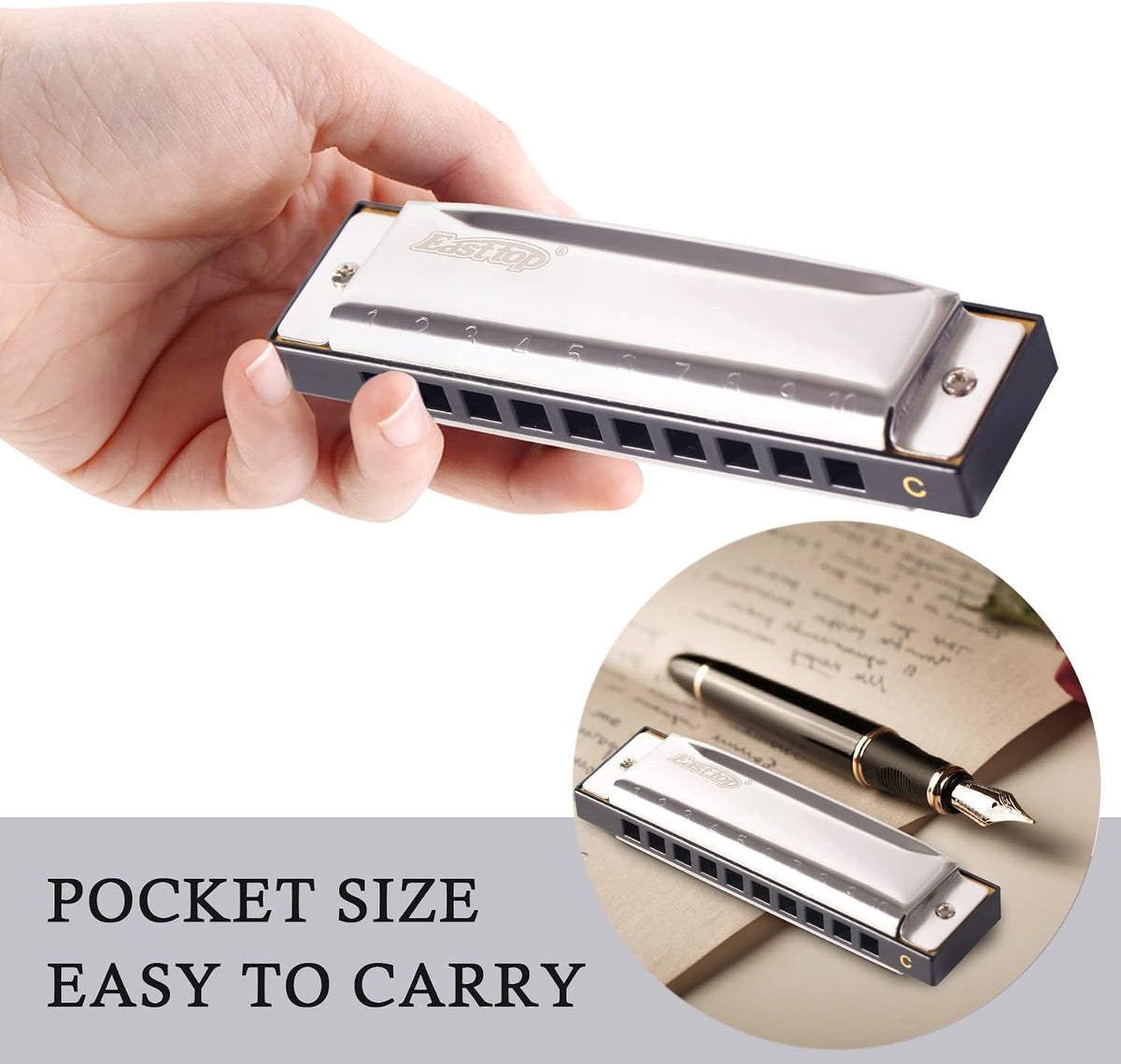 Harmonica for Beginners Key of C, 10 Holes 20 Tones, Stainless Steel Harp Diatonic Blues Harmonica for Adults