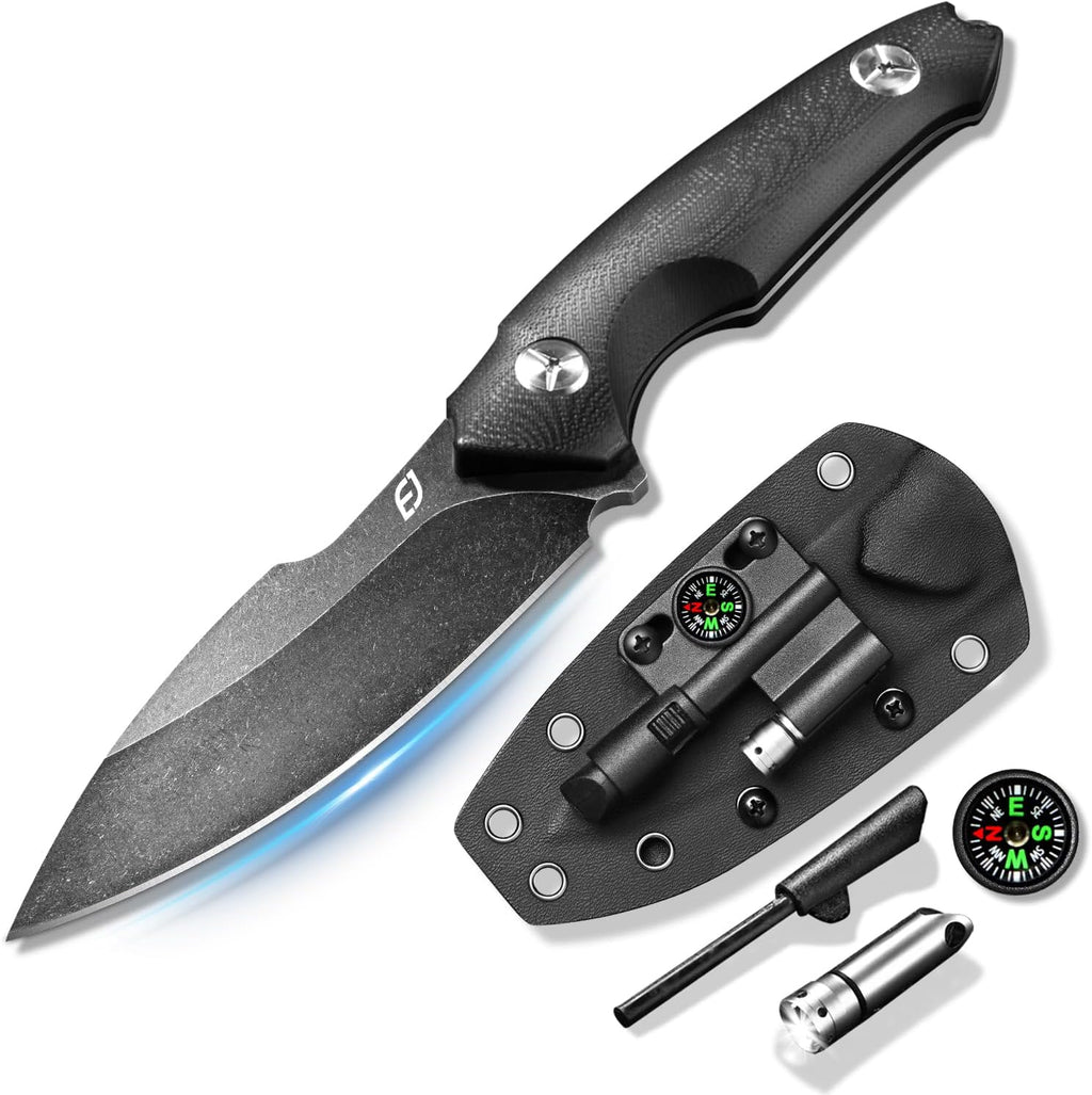 Fixed Blade Knife with Sheath, Black Stonewash Blade 4.33" Camping Knife with G10 Handle & Hidden Tool, Full Tang