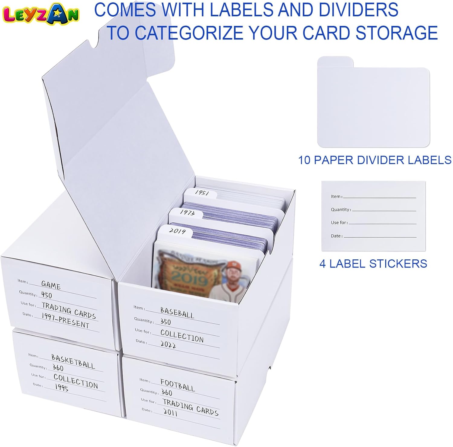 Trading Card Storage Box, 4-Pack 400 Count Cardboard TCG & Sport Card Box | Trading Card Storage with Divider and