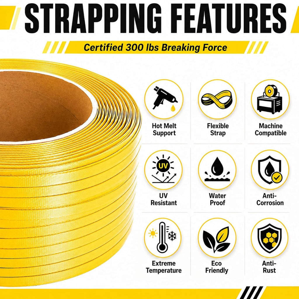 1/2" x 2297ft Poly Strapping Roll, 300 lbs Break Strength Plastic Pallet Strapping Coil, Yellow Banding Strap for Box