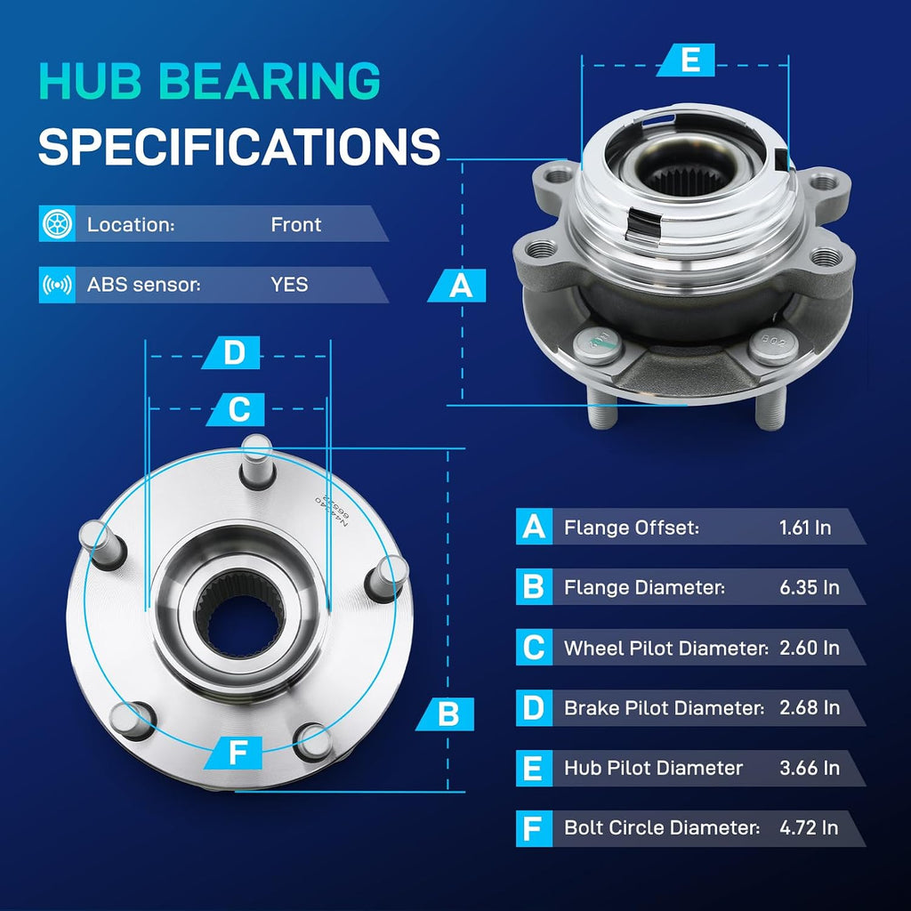 Front Wheel Bearing for Nissan Altima 07-18 Murano 09-18 W/ABS 5-Lug, 2 Pcs