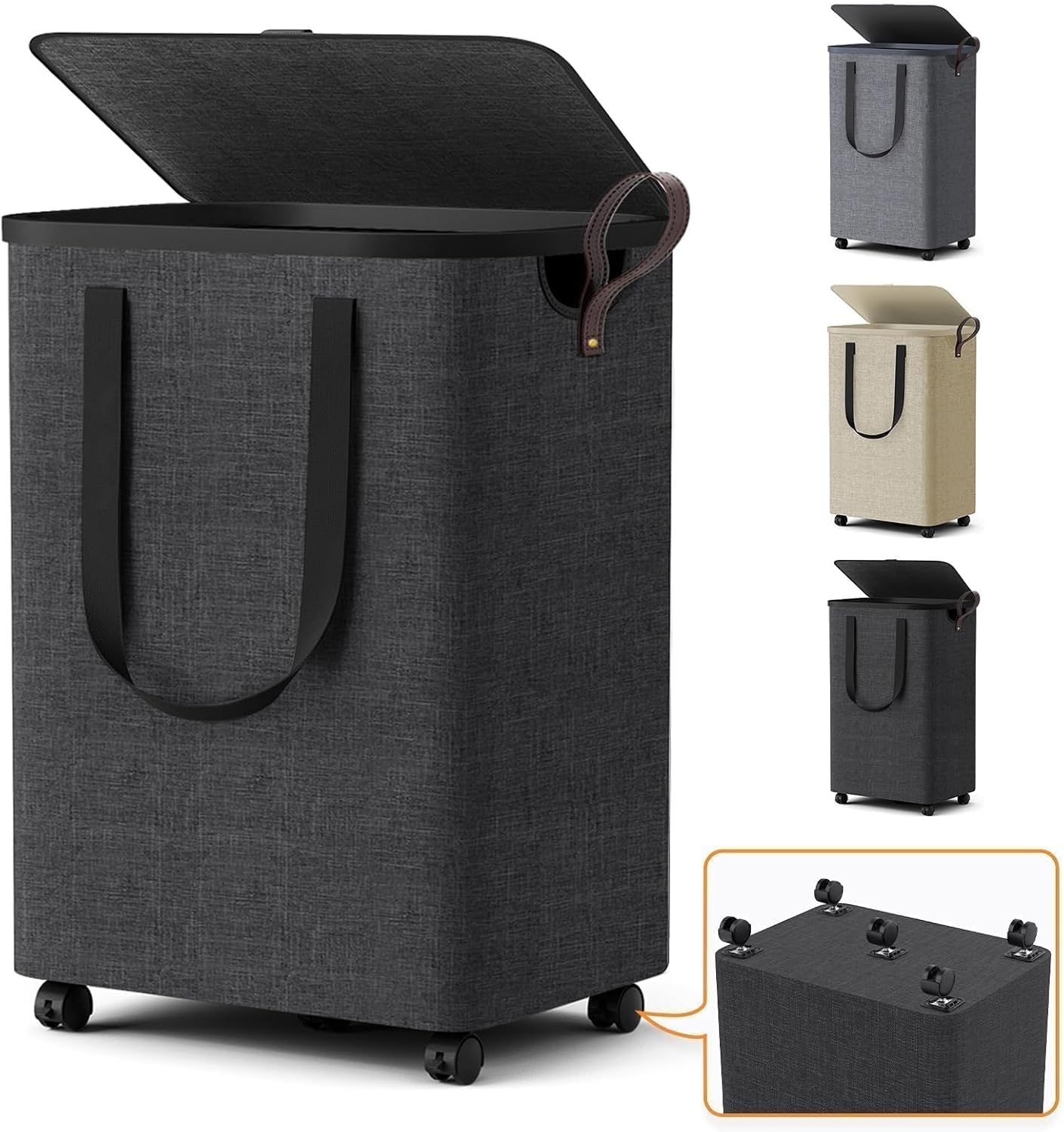 Laundry Basket with 5 Wheels, Rolling Laundry Hamper, 75L, Deep Gray | Clothes Hamper with Wheels and Lid