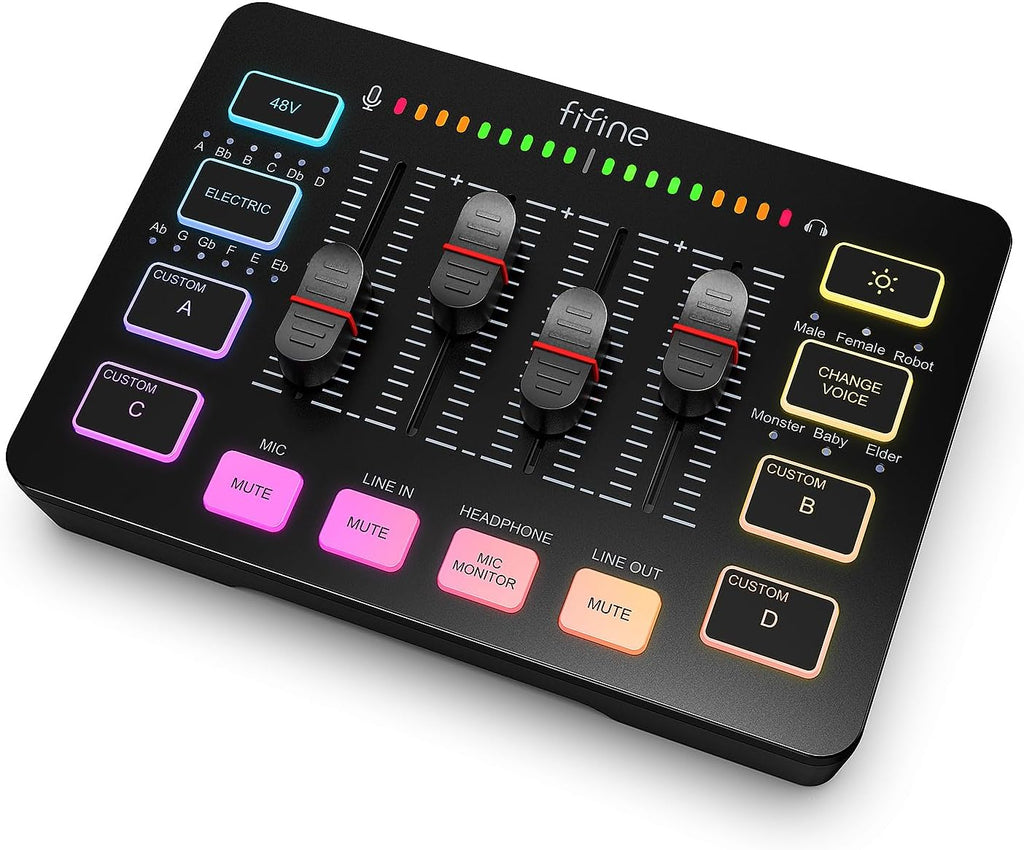 Gaming Audio Mixer, Streaming RGB PC Mixer with XLR Microphone Interface, Individual Control, Volume Fader, Mute