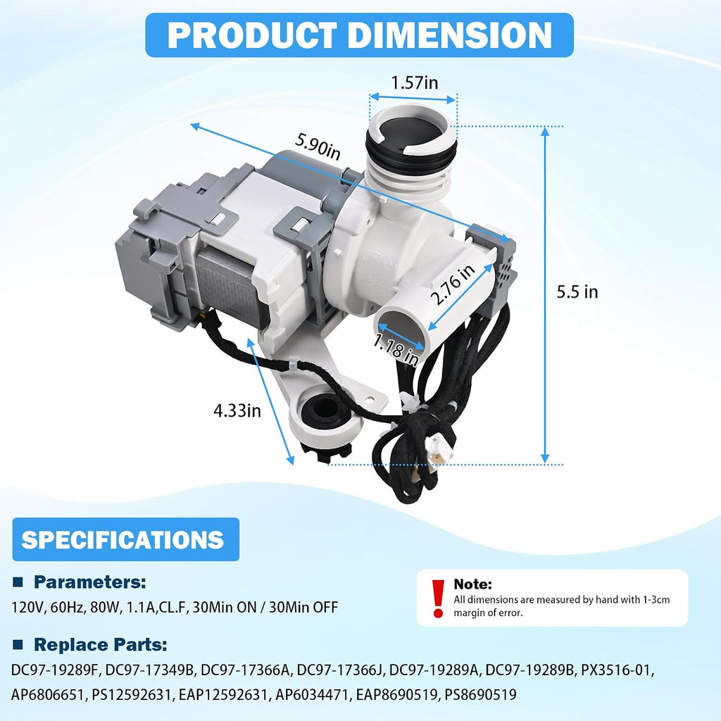 DC97-19289F Washer Drain Pump Assembly for Samsung Top Load Washers