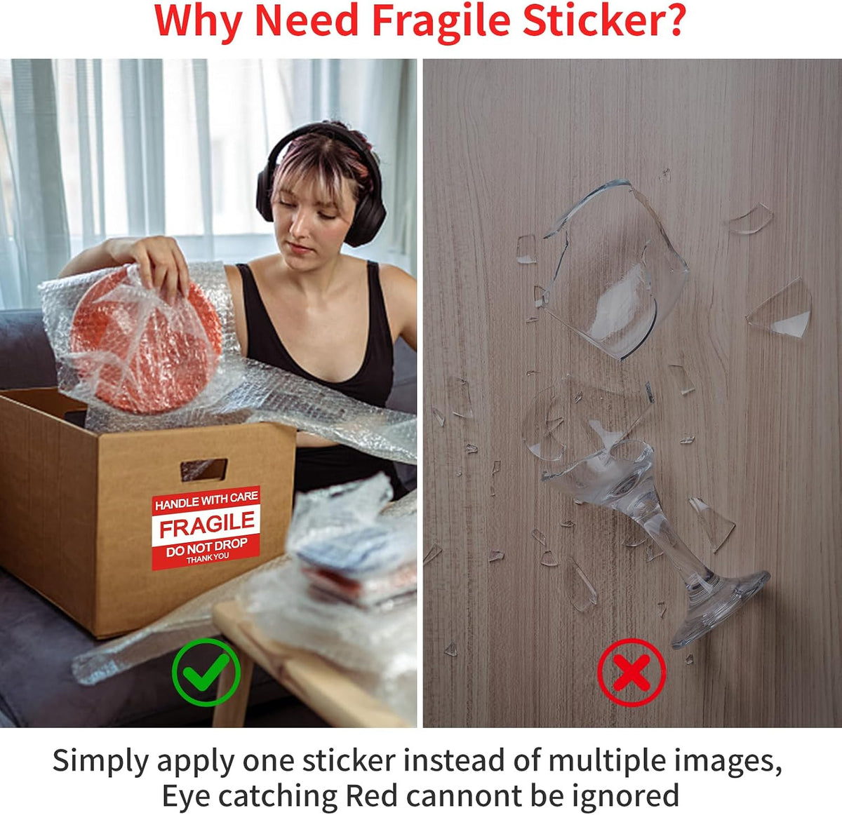 Fragile Stickers 3" x 5", Handle with Care Labels, Permanent Adhesive Small Shipping Stickers for Mailing, Packing