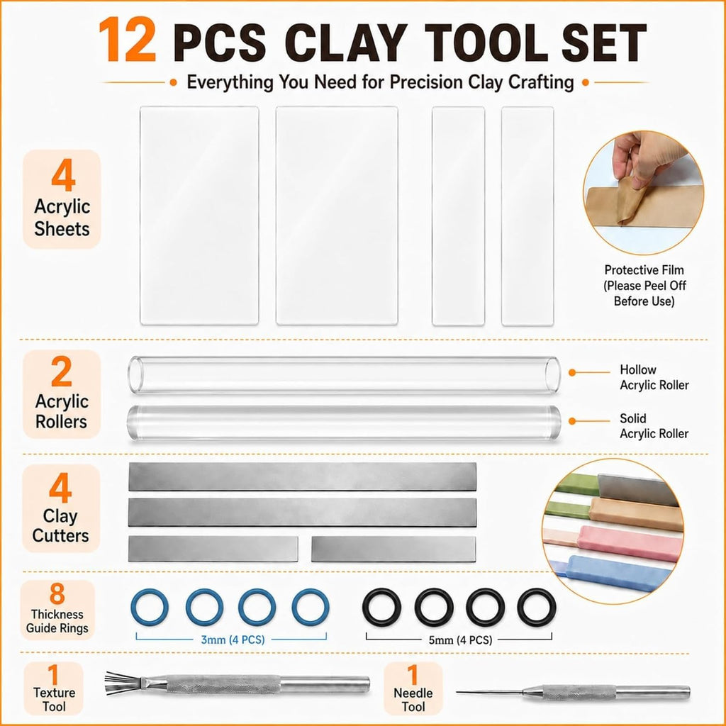 16pcs Polymer Clay Tools kit, Rolling Pin with Thickness Rings | Air Dry Clay Sculpting Supplies, Small Clear Craft