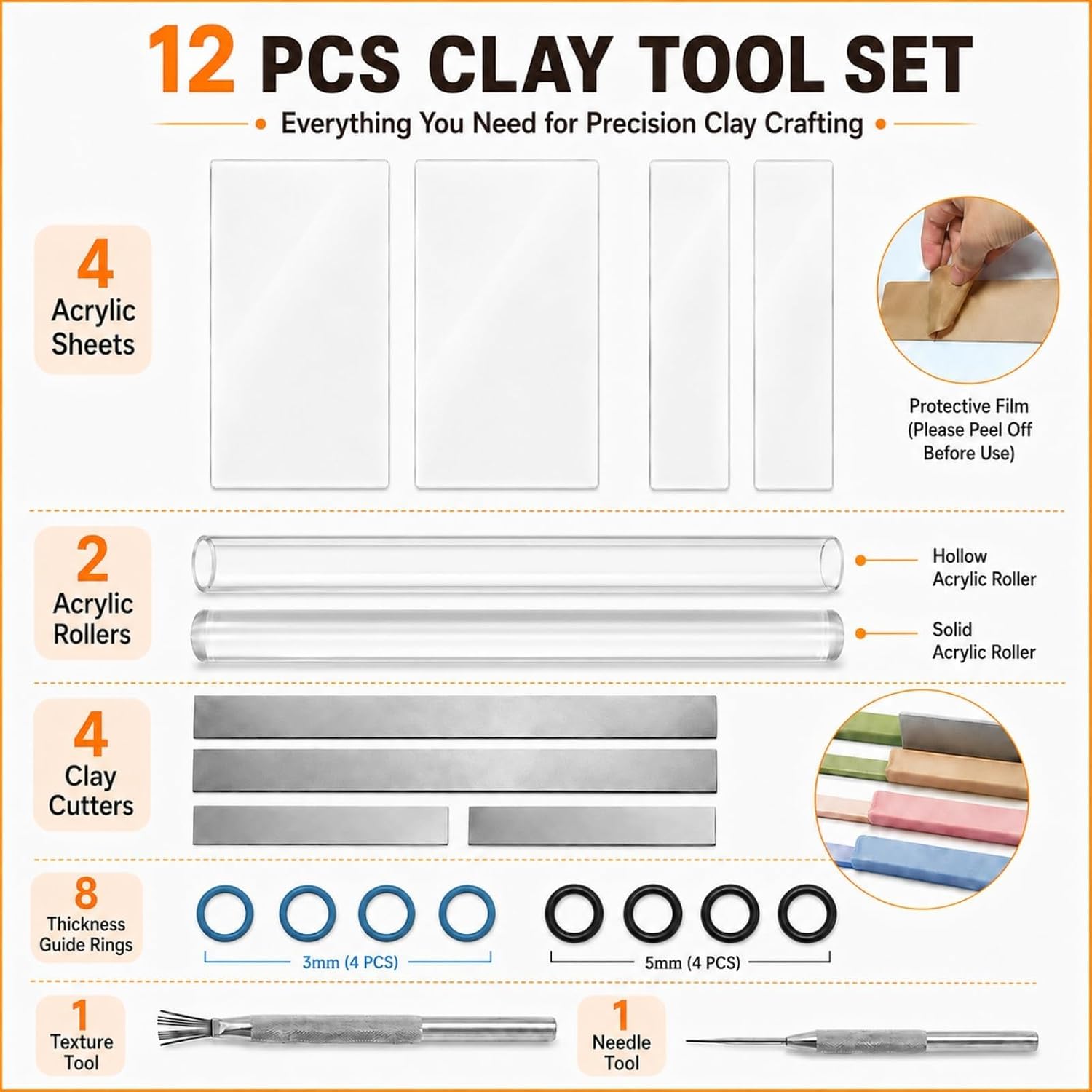 16pcs Polymer Clay Tools kit, Rolling Pin with Thickness Rings | Air Dry Clay Sculpting Supplies, Small Clear Craft