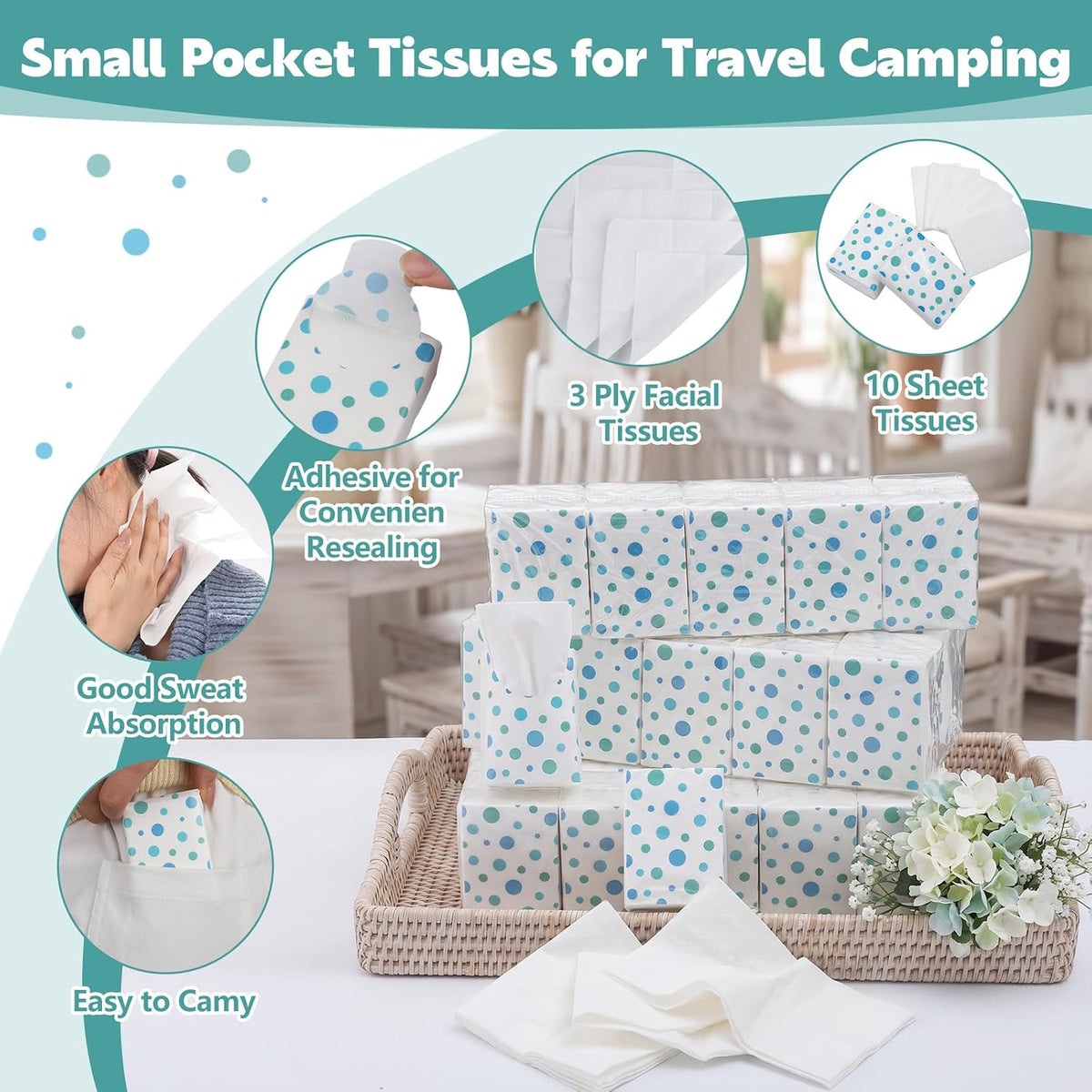 100 Pack Pocket Tissues, 3 Ply Polka Dot Travel Tissues