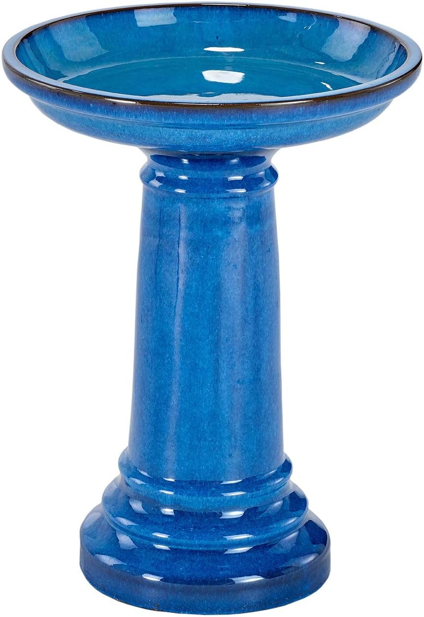 Aviatra Outdoor Ceramic Birdbath with Pedestal Stand and Glossy Finish, Elegant Traditional Birdbath for Garden, Blue