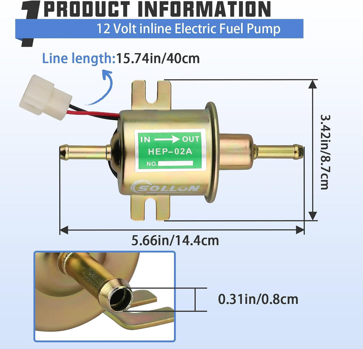 Electric Fuel Pump Kit 12V Universal Low Pressure Transfer Inline with 10pcs Hose Clamps 6.56 FT 5/16" ID Fuel Line