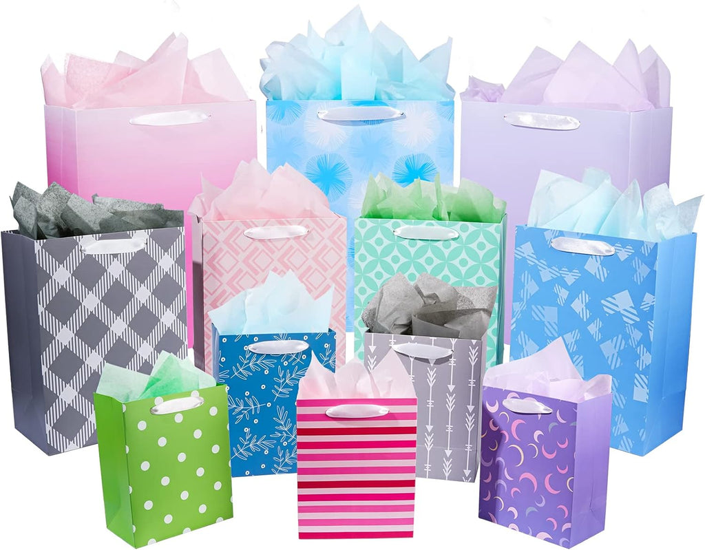 12 Pack Gift Bags Assorted Sizes and Designs with Tissue Paper