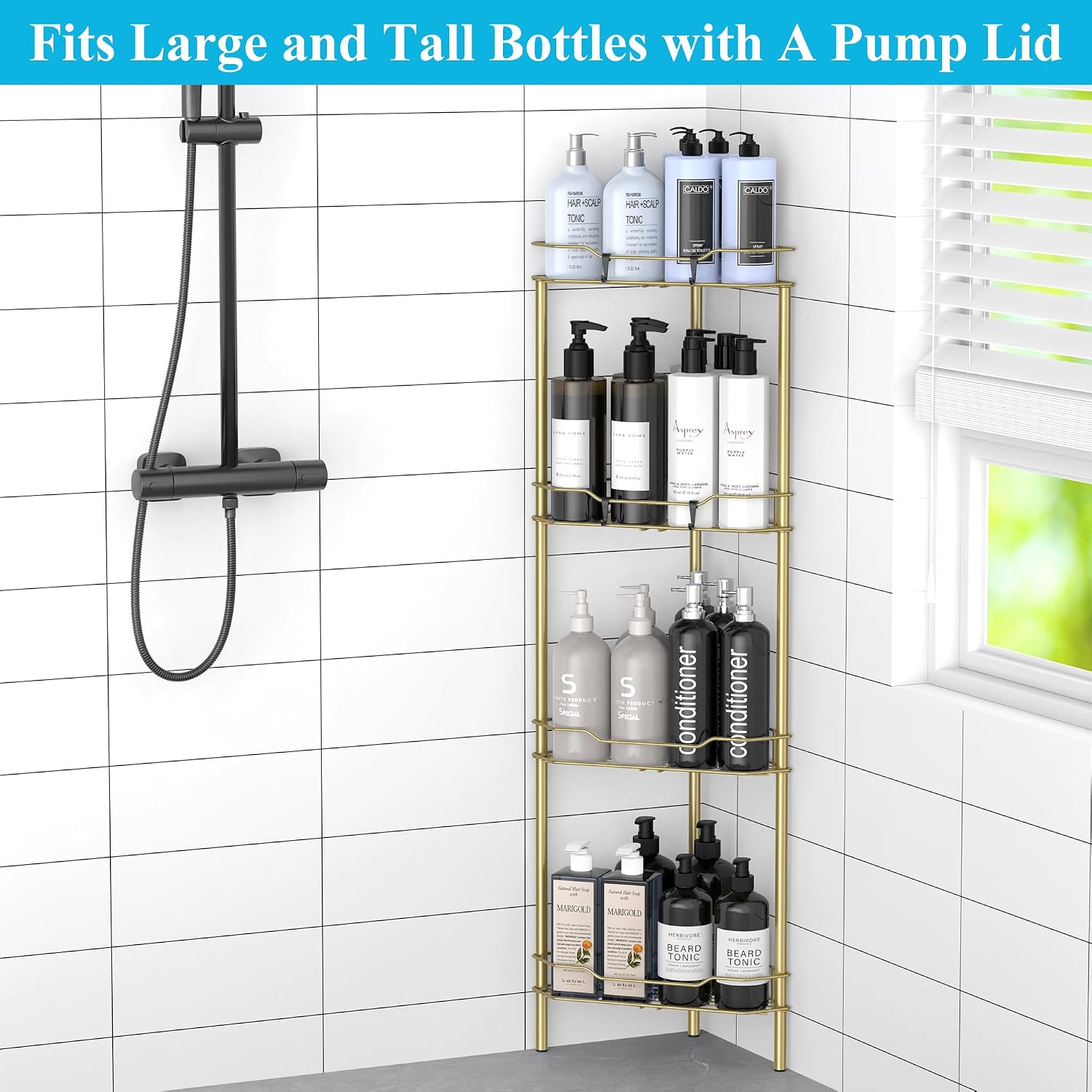 Metal Floor Standing Corner Shower Caddy, Gold, 4 Tier | Adhesive Bathroom Organizer Shelves, Free Standing Shower