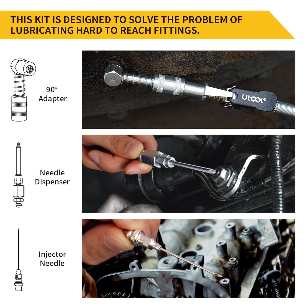 UTOOL 90 Degree Coupler, Needle Nozzle, Grease Injection Needle with Cap