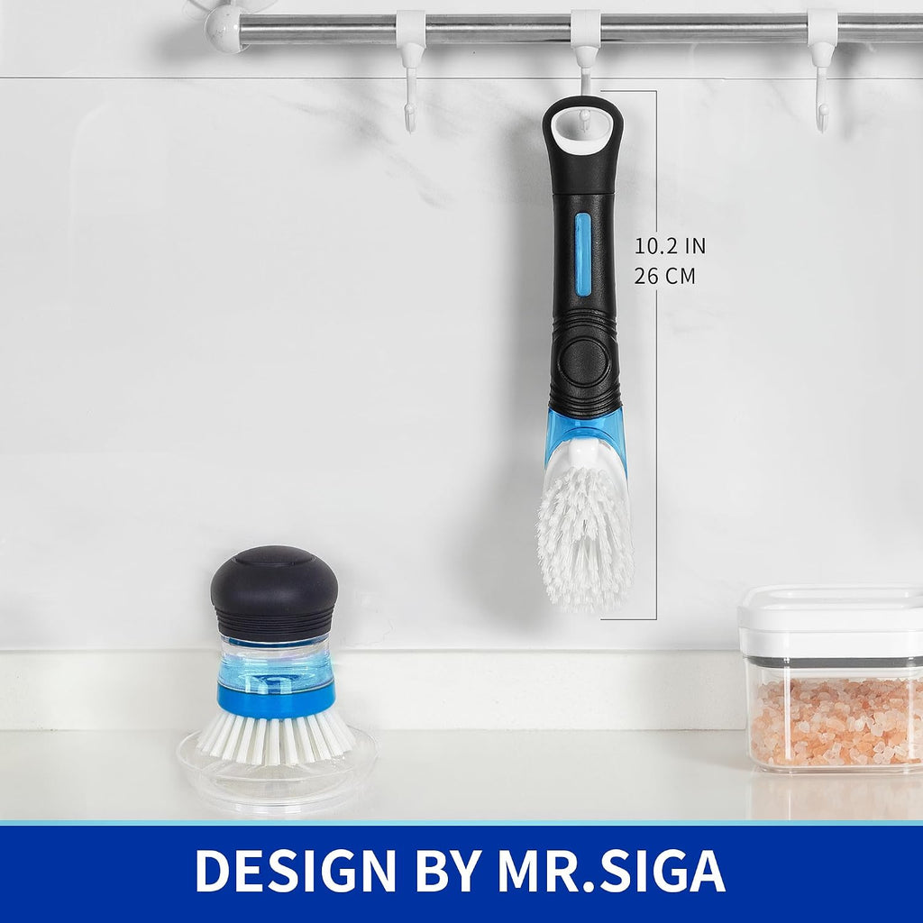 Soap Dispensing Dish Brush, Kitchen Brush for Pot Pan Sink, 2 Pack