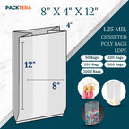 8" X 4" X 12" Gusseted Poly Bags Clear LDPE 1.25 Mil Thickness (Pack of 50) Open Top Food Safe Flexible Plastic