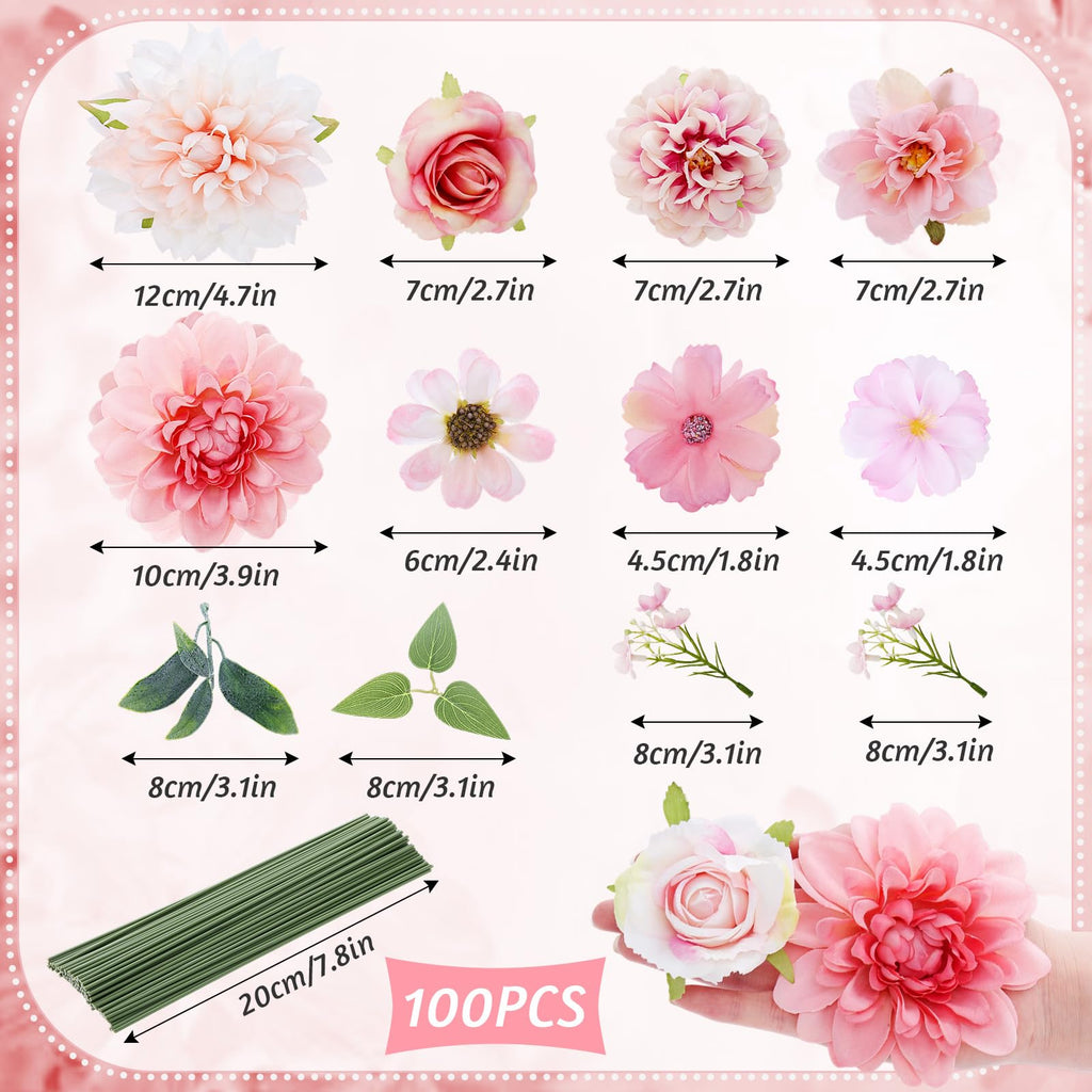 100 Pcs Assorted Fake Flower Heads with Long Stem,Pink