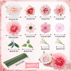100 Pcs Assorted Fake Flower Heads with Long Stem,Pink