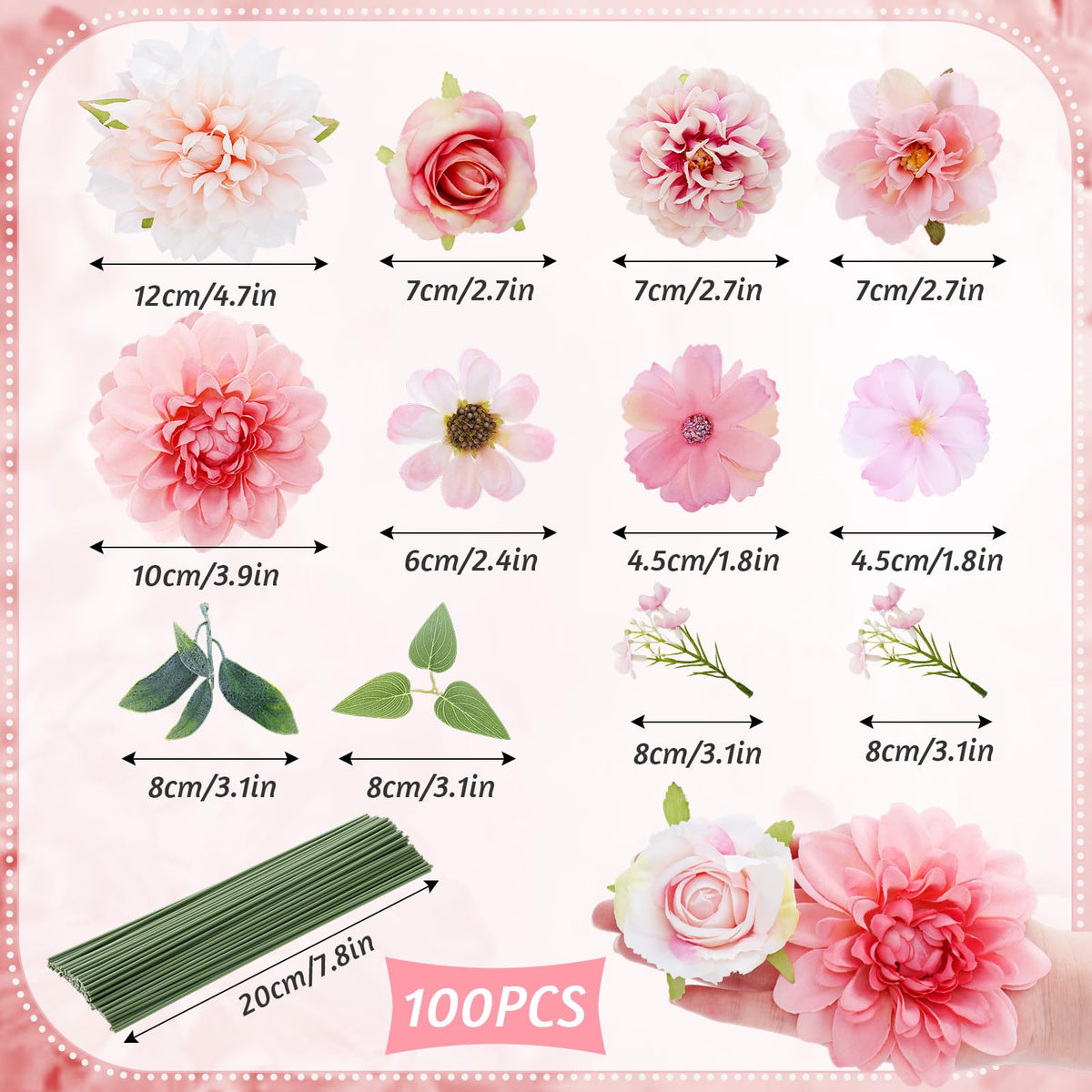 100 Pcs Assorted Fake Flower Heads with Long Stem,Pink