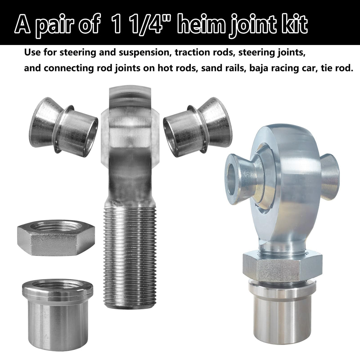 Beigaoxu 1 1/4" Heim Joint Rod End Kit, Chromoly with Spacers, 2 Pair