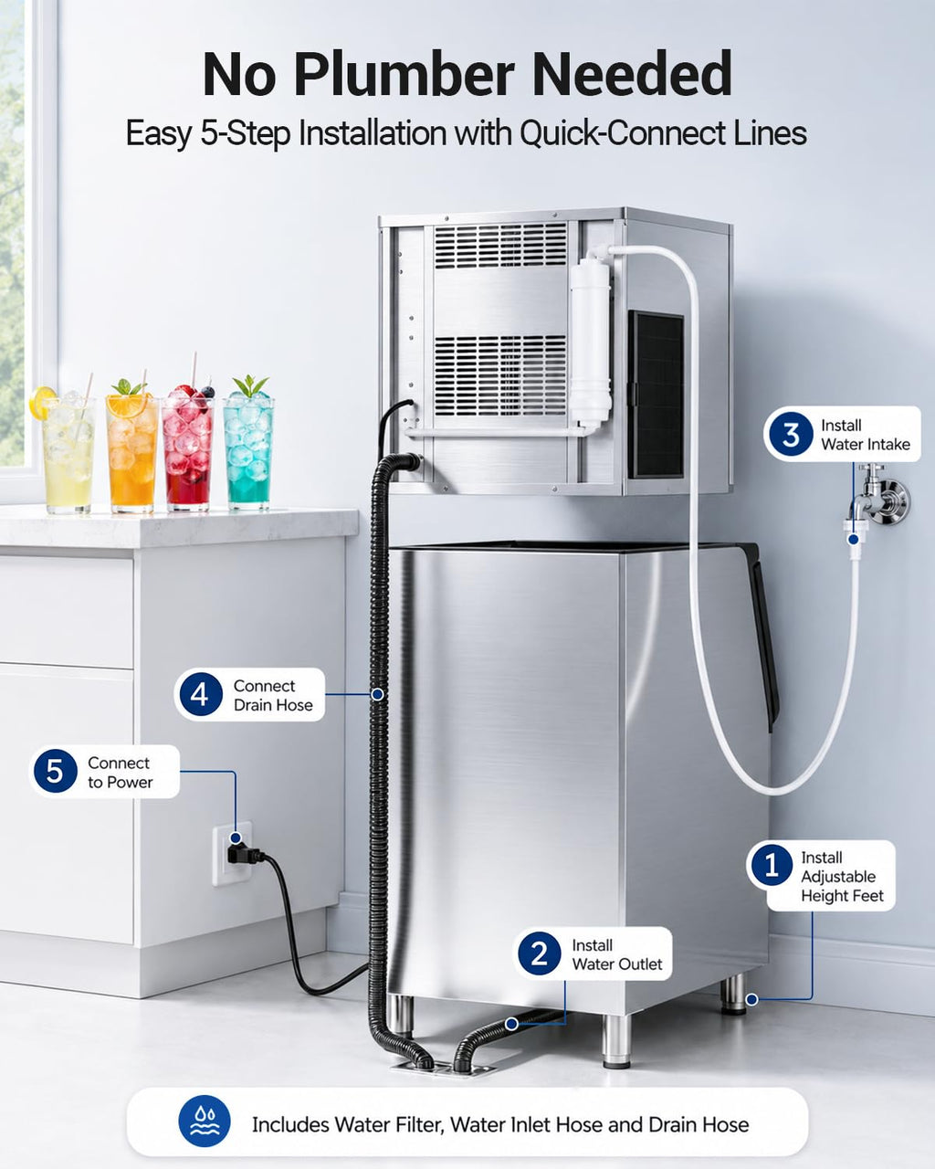 Commercial Ice Maker, 760 LBS/24h with 560 LBS Large Storage Bin