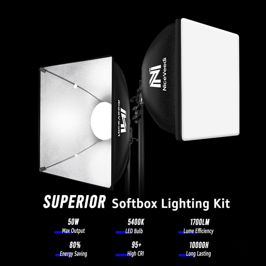Softbox Lighting Kit, NiceVeedi 2-Pack 16'' x 16'' Softbox Photography Lighting Kit with 63” Tripod Stand & 5400K
