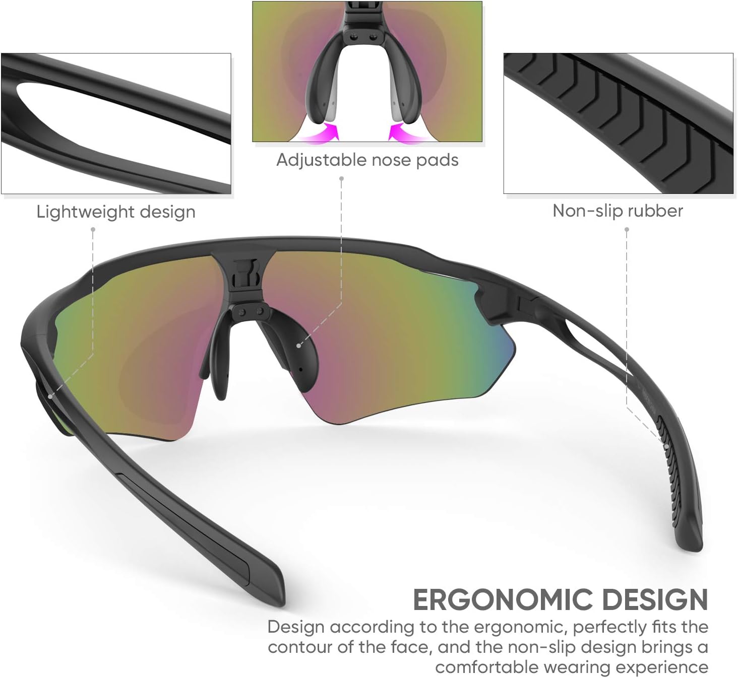 Cycling Glasses with 5 Interchangeable Lenses, Sunglasses for Pickleball Beach Volleyball Running Men Women